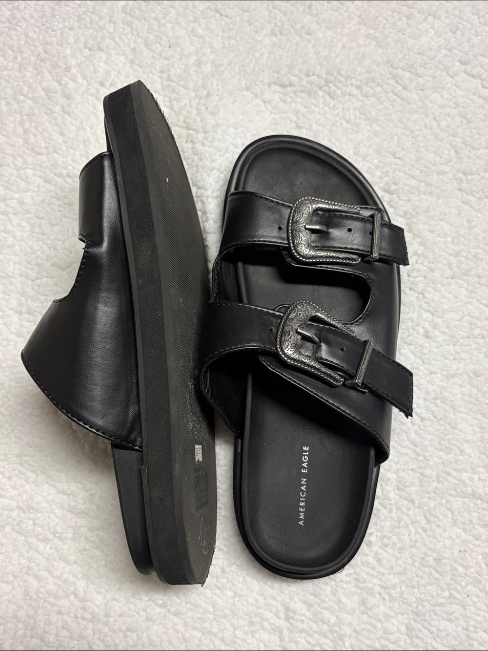American Eagle size 8 faux leather Black Double-Buckle Slide Sandals